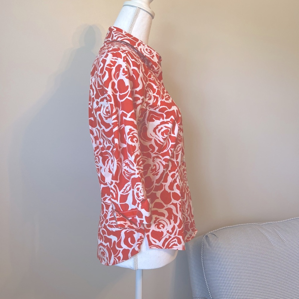 Coldwater Creek Floral Coral/ Orange & White Button Up 3/4 Sleeve Blouse… - Picture 2 of 6